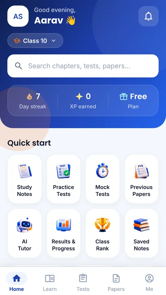 Home screen of the Examisthan app with quick start shortcuts